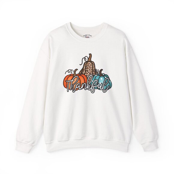 Rusted Arrow Boutique Tops - Cozy “Thankful” Fall Sweatshirt – White Crewneck with Pumpkin & Leopard Print
